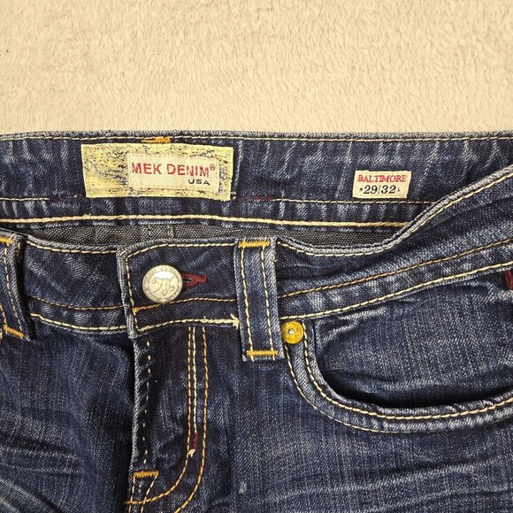 MEK Jeans Womens Size 29x32 Baltimore Denim Boot Cut Distressed Faded Whiskers - Picture 8 of 13